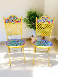 Vintage Yellow Ceramic Mosaic Metal Folding Chairs Set Of 2