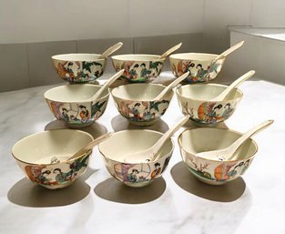 Set Of Six Antique Chinese Porcelain Hand Painted Rice Bowls With Spoons #55