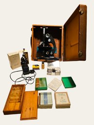 Antique Bausch & Lomb August Waeldin Optical Microscope W/Wooden Case,Glass Microscope Slides, Vtg Milben #56