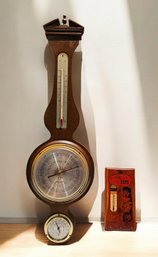 Airguide Mahogany Barometer 23.5' And Vintage Thermometer #65