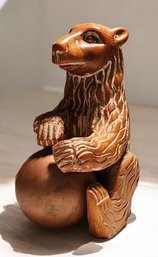 Hand Carved Wood Bear With Brass Ball Made In Spain 14' Tall #98