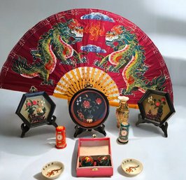 Oriental Decor Velvet Folding Wall Fan And Mixed Oriental Items #99