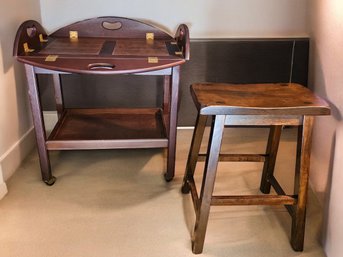 Vintage Butler's Tray Rolling Cart And Counter Stool #103