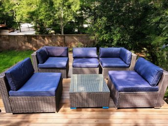 Rattan Wicker 5 Seat 6 Piece Outdoor Patio Set With Blue Cushions And Glass Top Coffee Table