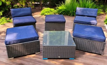 Rattan Wicker 6 Piece Outdoor Patio Set With Blue Cushions And Glass Top Coffee Table