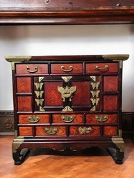 Antique Korean 5 Drawer And 2 Door Chest/End Table With Brass Butterfly Hasp And Hinges #7