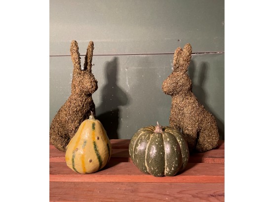 Mossy Bunnies And Two Large Vintage Candles