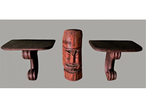 Hand Carved Wood Tiki Mask 12.5 X 4.5  And A Pair Of Wood Wall Brackets/shelves 10 X 10