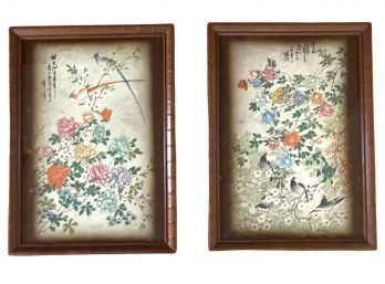 Pair Of Framed Vintage Asian Floral Art 22 X 16