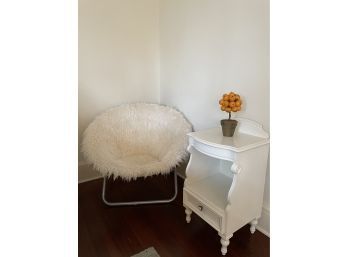 Beautiful Furry Round Chair, Vintage White Nightstand And Beautiful Orange Topiary Decor