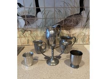 Vintage Genuine Pewter Pitcher, 3 Arms Candleholder, Horn Mug And Tumblers