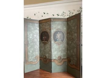 Magnificent Maitland Smith Neoclassical Style Four Panel Room Divider Screen. Canvas, Wood Hand-Painted