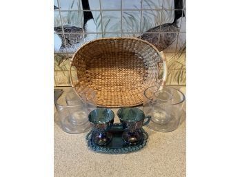 Indiana Blue Carnival Glass Creamer, Sugar And Tray Set, Pair Of Glass Candle Holders And Basket