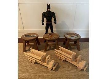 Hand Made Wooden Trucks, Handcrafted Carved Wood Child's Chairs Set Of 3 And Large Batman Action Doll 30'