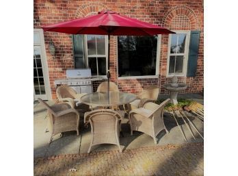 Wicker Outdoor Chairs W/cushions Set Of 6, Glass Top Iron Table, Tilt Crank Lift Umbrella W/base,bamboo Torchs