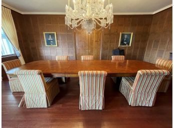 Bespoke Regency Revival Style Mahogany Triple Pedestal Manor Dining Table Has 4 Leaves & Pads, 8 Silk Chairs