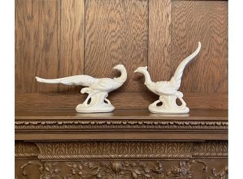 Pair Of Vintage White Peacock Statues