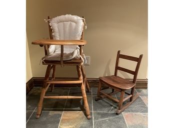 Vintage Wooden High Chair With Cushion And Child Rocker