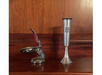 Art Deco Pelican Cigar Ashtray And Vintage Pewter Vase With Tribal Emblem