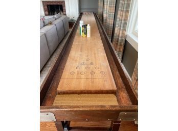 Hard To Find Antique Art Deco Full Size Shuffleboard Table W/Set Of 8 Shuffleboard Weights, Cleaners & Powder