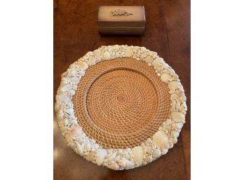 Pottery Barn Woven Wicker Platter With Seashell Rim And Vintage Wood Swiss Musical Box