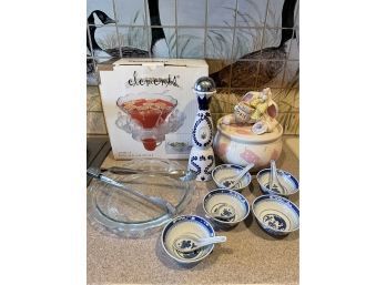 Micheal Ezzell Cookie Jar, Rice Bowls And Spoons, Glaze Azul Tequila Bottle, Punch Bowl Set, Glass Bowl/tray