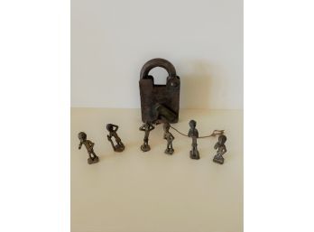 Set Of 6 Antique Ashanti Brass Bronze 'Gold Weights' Ghana West Africa And 1940 Saigal&Co Handcrafted Padlock