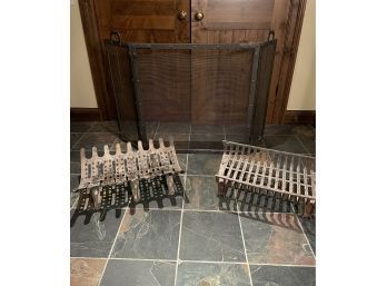 Fireplace Guard Cover Iron Frame With Folding Sides And Two Vintage Grates