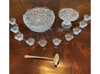 Vintage American Fostoria Glassware, 2 Punch Bowls And Oneida Silversmith Punch Ladle