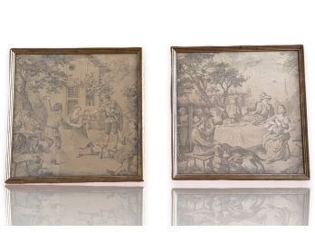 Pair Of French Antique Vintage Tapestries Gallery Framed 19.5 X 19.5