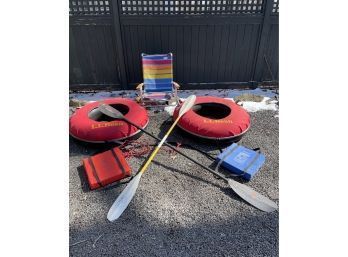 2 Sonic Snow Tubes L.L.Bean, Aqua Bound Sting Ray And Werner Kayak Paddles And Stearns Floatation Cushions