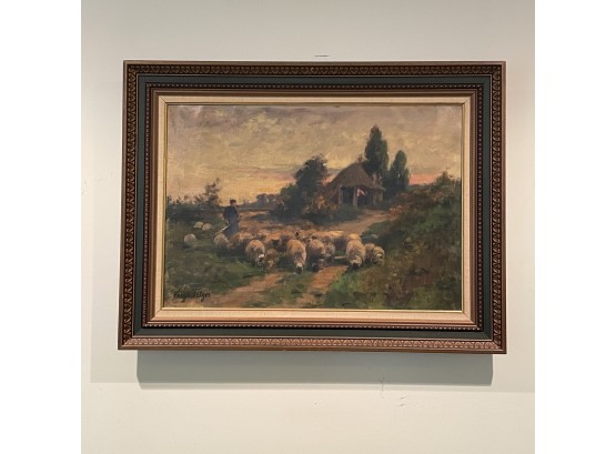 24X32 Antique Artist Signed Oil On Canvas Painting Of Sheep And Shepherd Set In An Antique Frame  #2