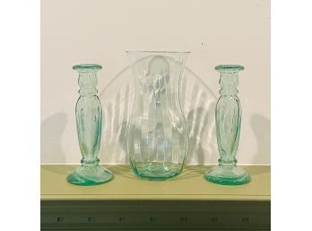 Beautiful Lot Of Green Glass Candlesticks And Vase #15