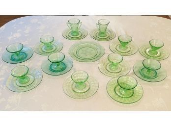 Art Deco Green Glass Sherbet Bowls, Sugar Bowl & Creamer, Dishes Total 25 Ocs #19