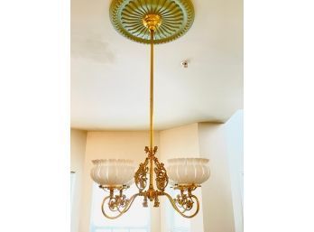 Victorian 4 Arm Chandelier, Original Glass Shades, Polished Brass #39