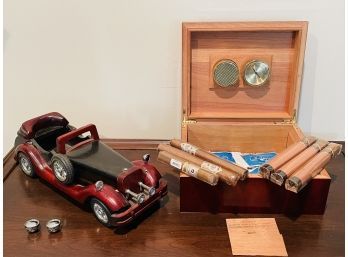 Cherry Finish Thompson & Co Wood Cigar Humidor Box, Handcrafted Vigars And Wooden Toy Car #63