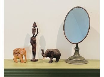 Vintage Makeup Mirror Amd African Carved Wood Figurines, Elephants #69