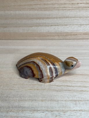 Beautiful Carved And Polished Stone Turtle, Vein Banding Through Etched Shell, Minor Crack Back Left Foot