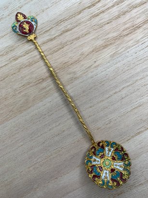 Antique French Cloisonne Brass Enamel Champlev Spoon With Barley Twist Handle, White, Red, Blue, Mint Green
