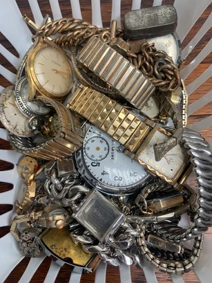 Pile Of Old Watches And Watch Parts For Repair - Wrist And Pocket - Gears, Bands, Faces, Chain, Hands And More
