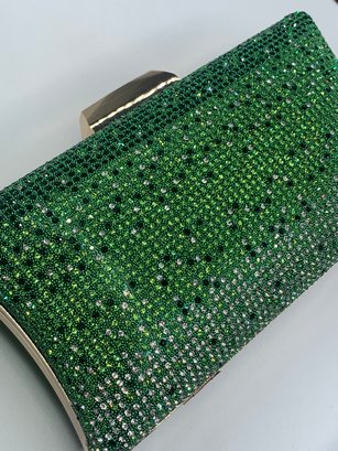 Ombre Green Rhinestone And Gold Toned Hard Clutch, Crossbody Chain Included, Wear For Prom, Weddings, Cocktail