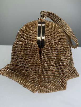 Crystal Flowing Chainmail Gold Ball Clutch, Wrist Strap & Cross Body Chain, Prom, Wedding, Fancy Night Out