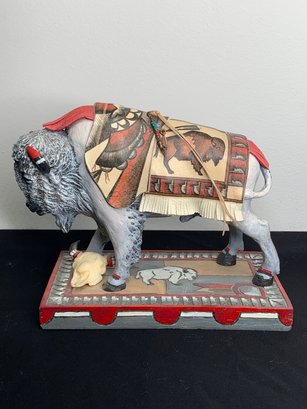 White Buffalo Sculpture With Soft Fringed Robe, Buffalo Skull, Handpainted - LE - No Label, Artist Mike Norton
