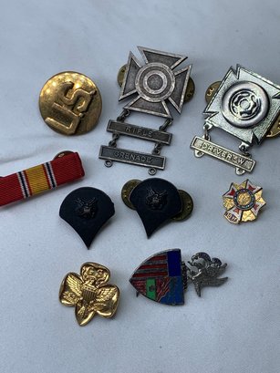 Collection Of Military And Other Medals/pins One  Silver Filled , Rifle, Grenade, Driver W