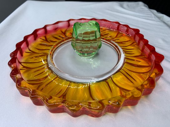 Amber And Red Depression Glass Dish With Green Rose Center, Candy Dish