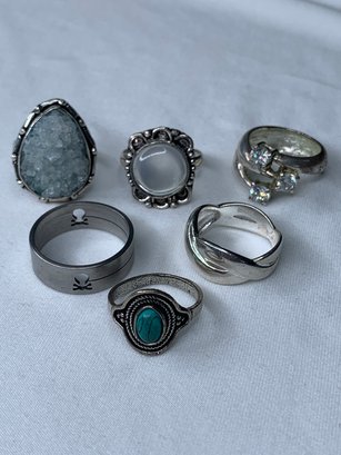Stylish Collection Of Silver Toned Costume Jewelry Rings With Stones, Assorted Sizes, Various Styles