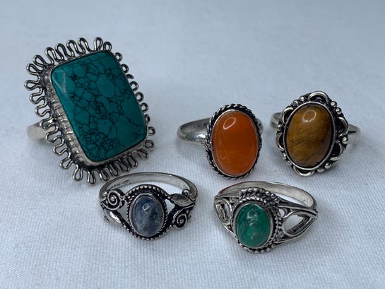 Silver Toned Fashion Rings With Assorted Stones, Turquoise With Black Matrix, All Open Back Stones