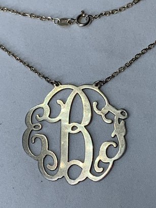 Sterling Necklace With Monogram Charm, Letter  B Pendant Marked 925, Filigree Pattern