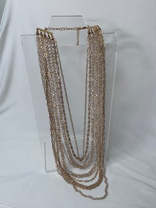 Dazzling Champagne And Iridescent Multi-strand Beaded Necklace, Gold Toned Chain Link & Clasp, Unmarked