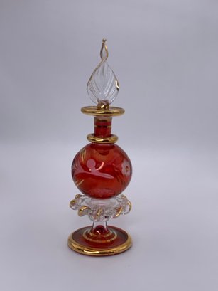 Beautiful Red Blown Glass, Ornate Perfume Bottle/decanter With Dip Stick, Gold Accents And Floral Design
